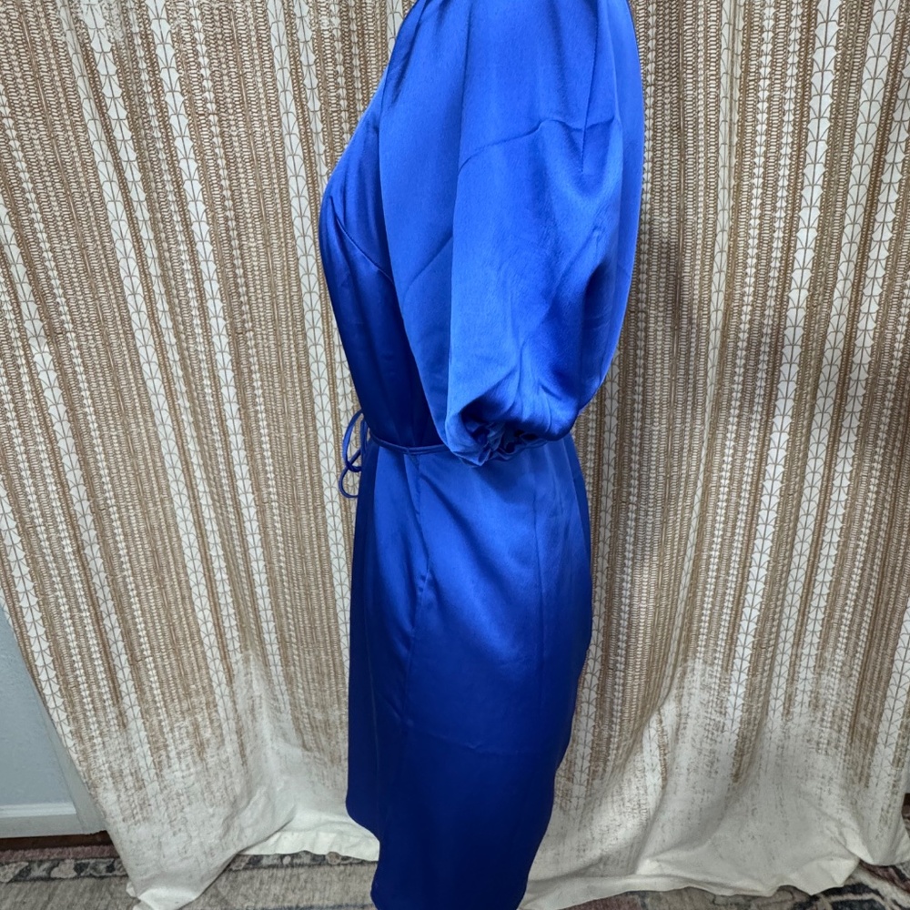 Ann Taylor Royal Blue Satin Dress | Size 6 | Puff Sleeve Tie Waist Midi Dress - Picture 3 of 10